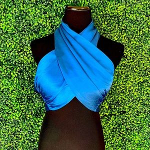 Blue Satin Halter Crossover Top $23